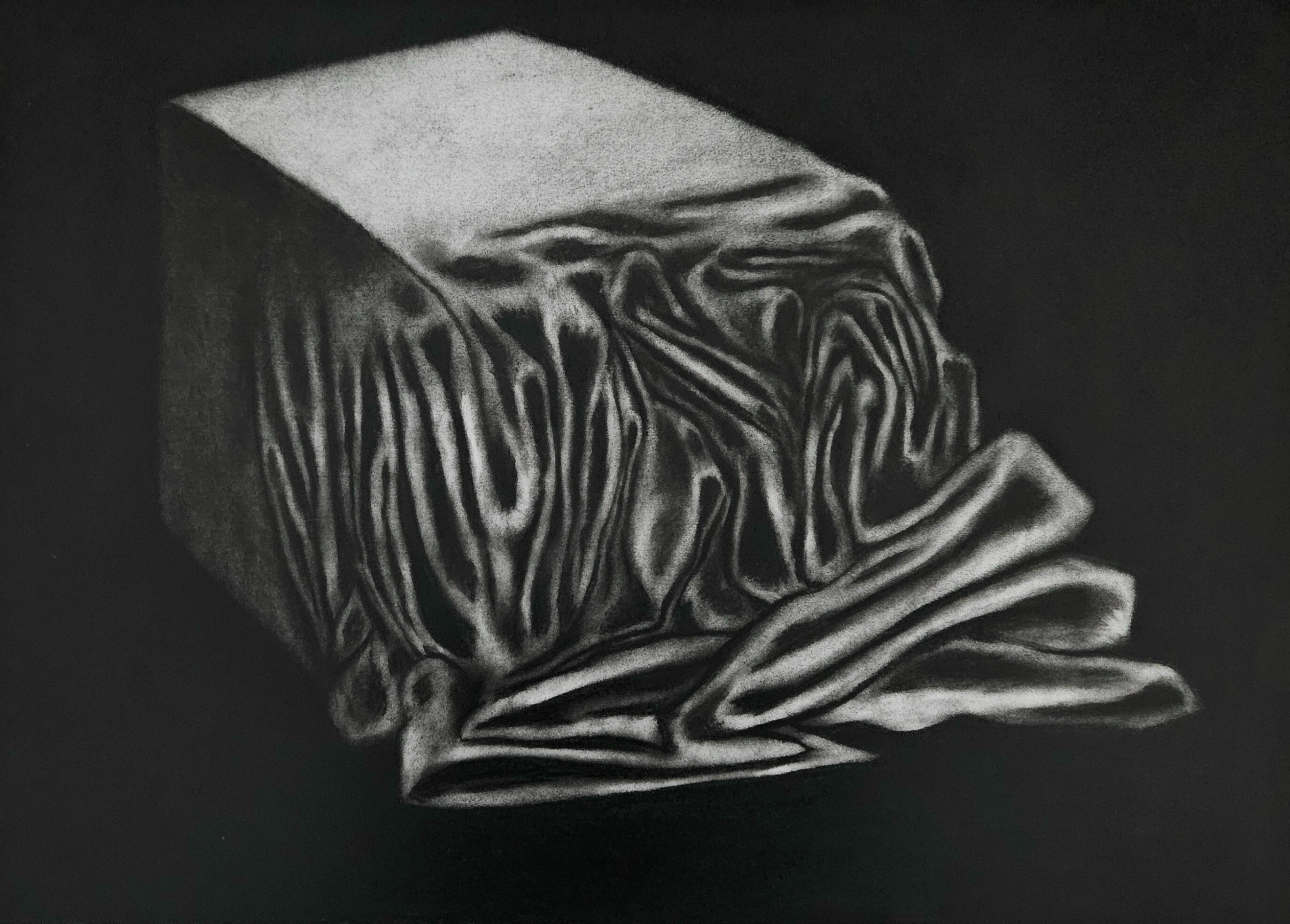 A los pies del cazador (At the hunter’s feet). Charcoal on paper, 65 × 50 cm, 2025